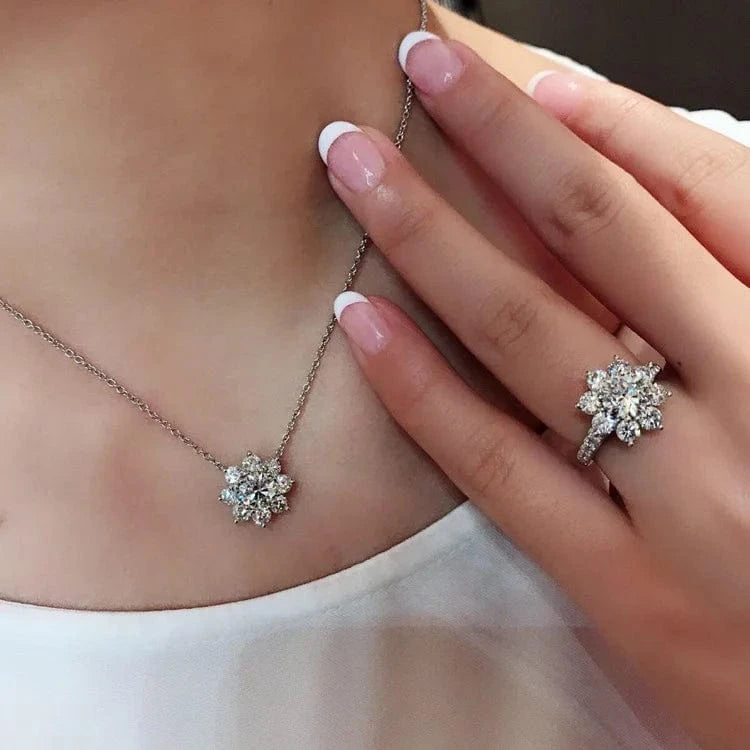 Ring Diamond Style Jewelry Set Ring Sun Flower Pendant Necklace Female Fashion Stud Earring Silver Filled Zircon Stone Zircon