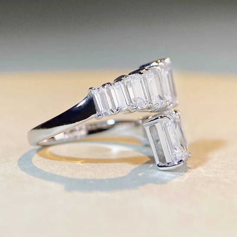 Ring Emerald Cut Diamond Gemstone, Sterling Silver Setting, Adjustable Band – Classic Engagement - SN Wigs & More