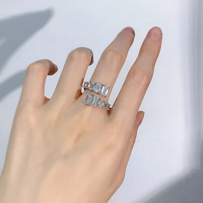 Ring Emerald Cut Diamond Gemstone, Sterling Silver Setting, Adjustable Band – Classic Engagement - SN Wigs & More