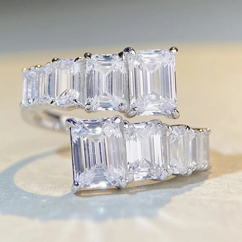 Ring Emerald Cut Diamond Gemstone, Sterling Silver Setting, Adjustable Band – Classic Engagement - SN Wigs & More