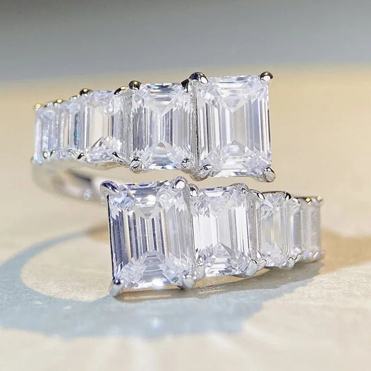 Ring Emerald Cut Diamond Gemstone, Sterling Silver Setting, Adjustable Band – Classic Engagement - SN Wigs & More