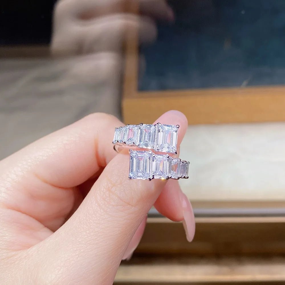 Ring Emerald Cut Diamond Gemstone, Sterling Silver Setting, Adjustable Band – Classic Engagement - SN Wigs & More