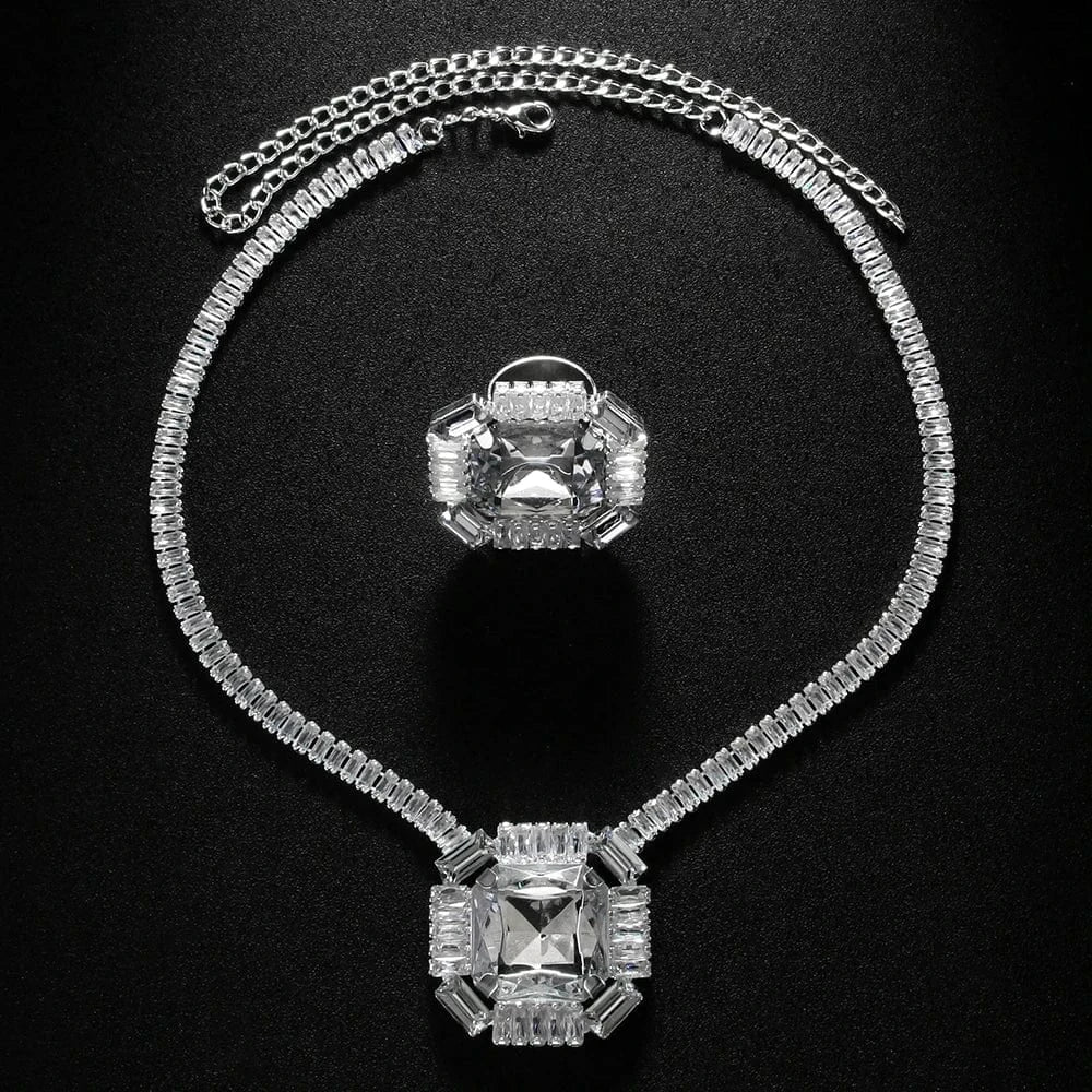 Ring / silver New Fashion Rhinestone Geometric Jewelry Sets Party Bling Cubic Zircon Square Necklace and Ring Set Women Jewelry Wholesale
