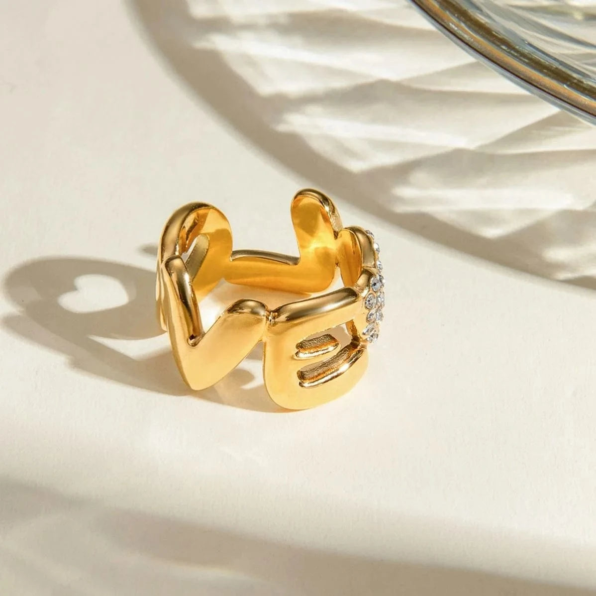 rings Gold-Plated Stainless-Steel LOVE Letter Inlaid Crystal Ring