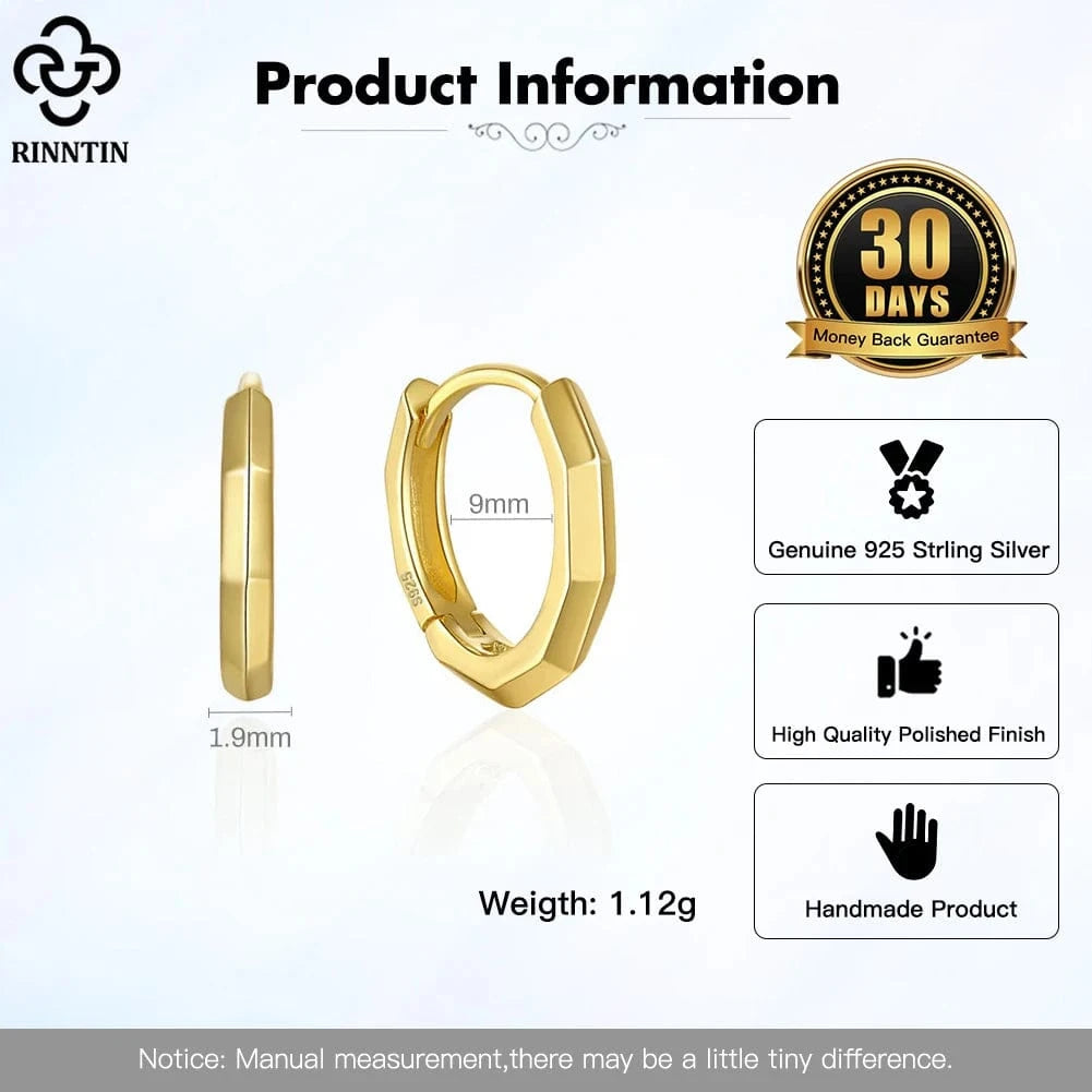 RINNTIN APE91 Fine Jewelry Minimalism 925 Sterling Silver Earrings 14K Gold Plated Huggie Hoop Earrings