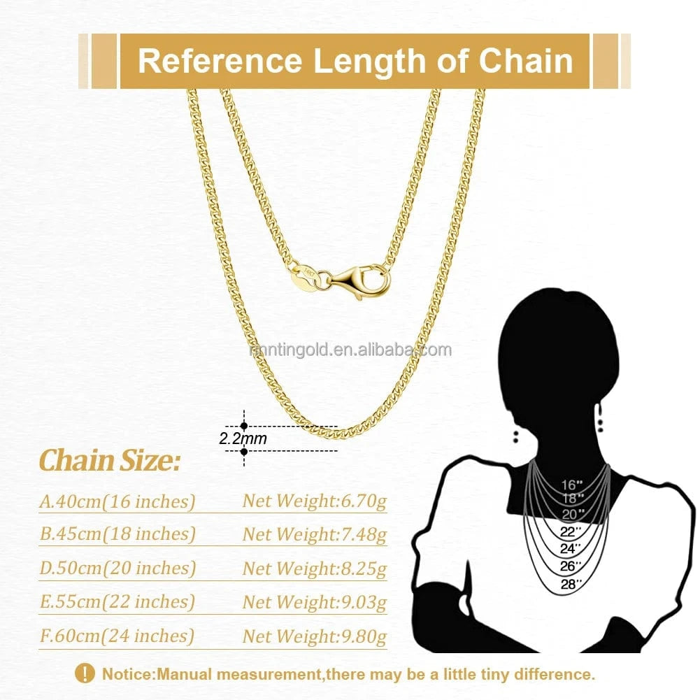 RINNTIN GC04 Hiphop Jewelry Real 14K Solid Yellow Gold 2.2mm Diamond Cut Cuban Link Curb Chain Necklace for Men oro 14k original