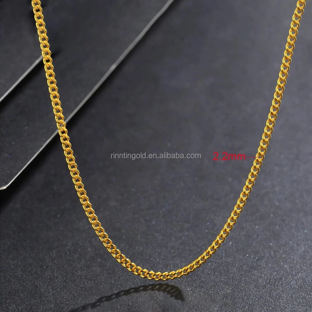 RINNTIN GC04 Hiphop Jewelry Real 14K Solid Yellow Gold 2.2mm Diamond Cut Cuban Link Curb Chain Necklace for Men oro 14k original
