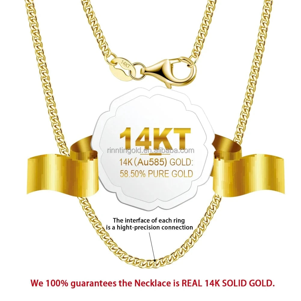 RINNTIN GC04 Hiphop Jewelry Real 14K Solid Yellow Gold 2.2mm Diamond Cut Cuban Link Curb Chain Necklace for Men oro 14k original