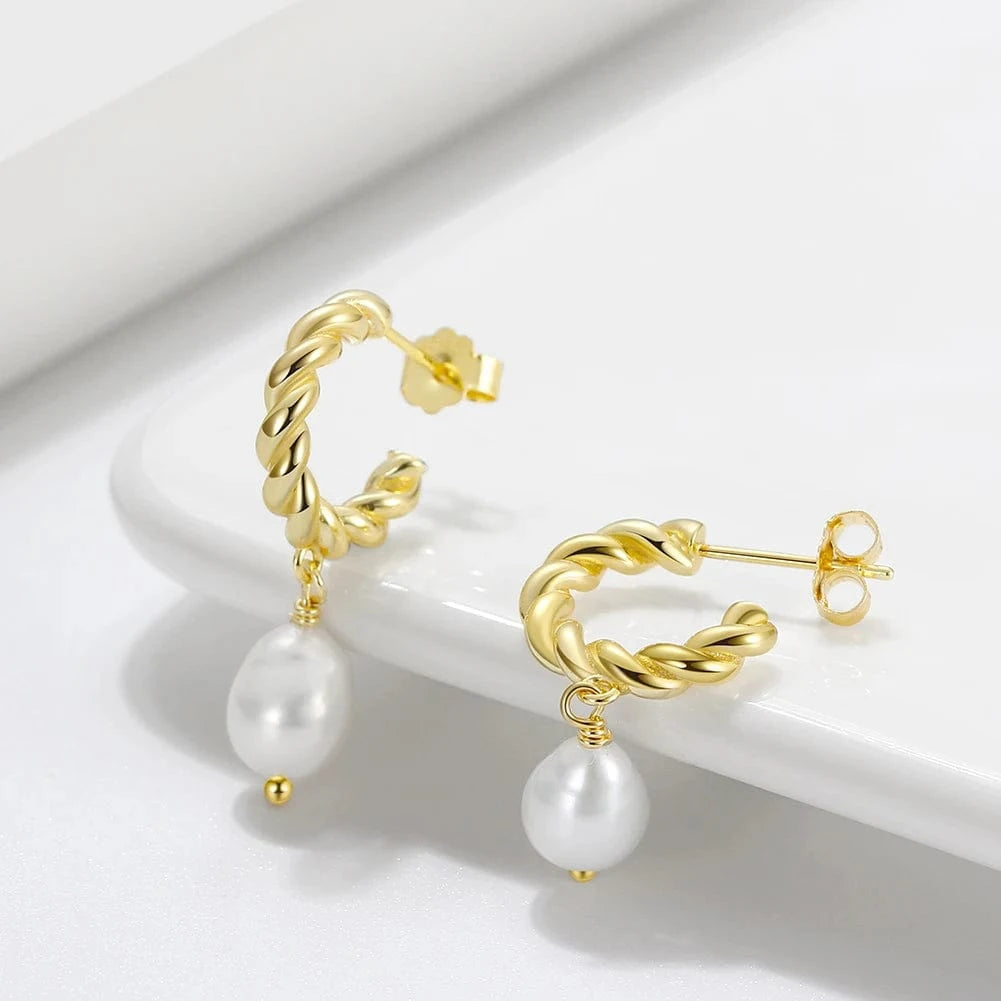 RINNTIN GPE17 Genuine 925 Sterling Silver Twisted Hoop Earring Irregular Freshwater Baroque Pearl Jewelry Gifts For Women Girls