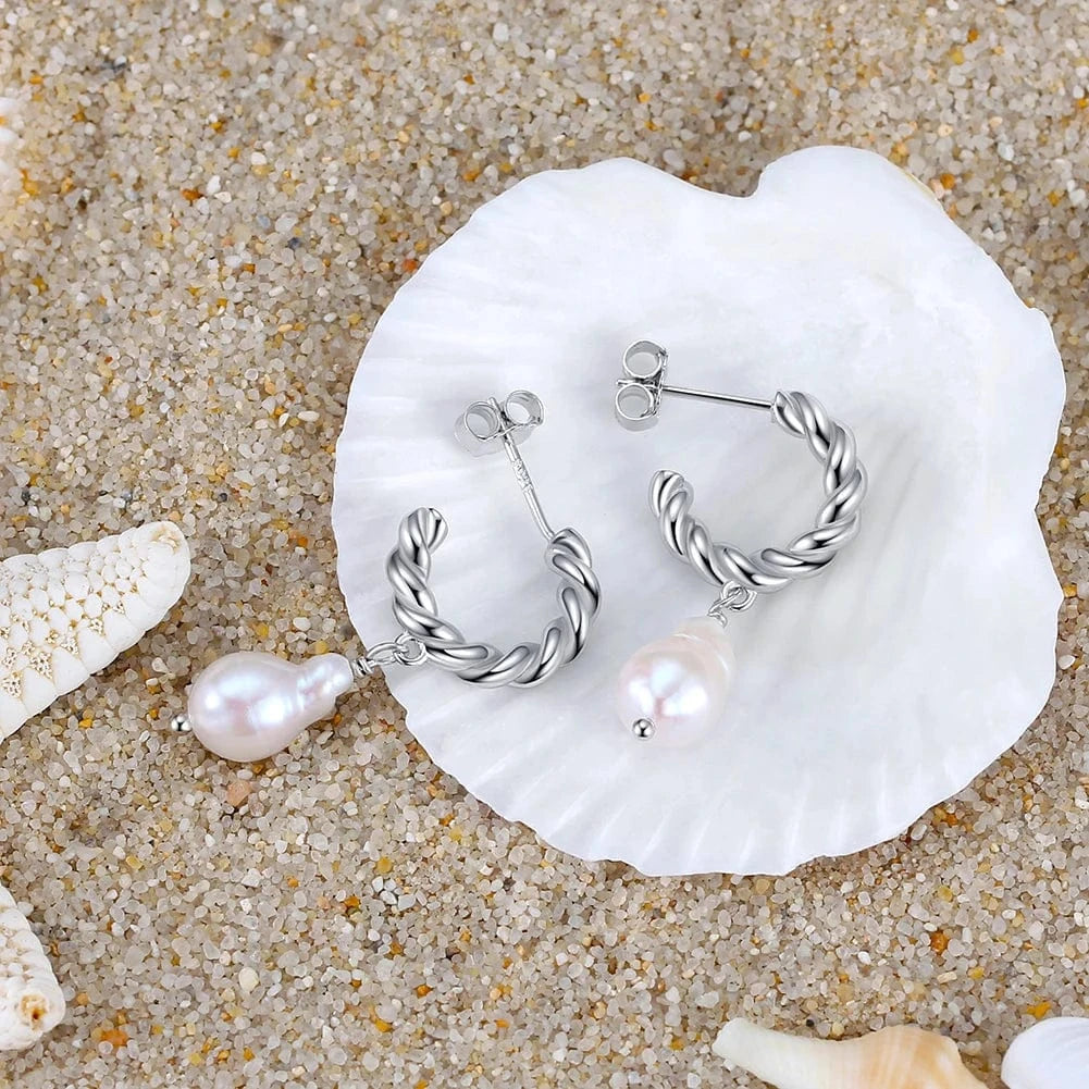 RINNTIN GPE17 Genuine 925 Sterling Silver Twisted Hoop Earring Irregular Freshwater Baroque Pearl Jewelry Gifts For Women Girls