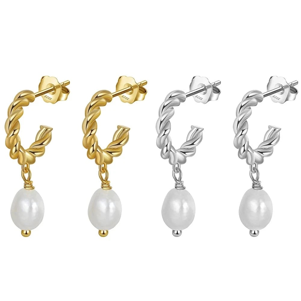 RINNTIN GPE17 Genuine 925 Sterling Silver Twisted Hoop Earring Irregular Freshwater Baroque Pearl Jewelry Gifts For Women Girls