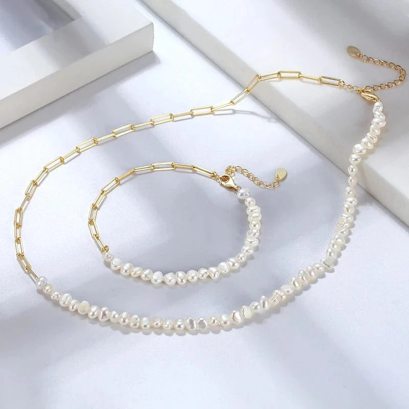 RINNTIN GPN13 Pearl Necklace Jewelry Half Silver Chain Half Baroque Freshwater Pearls Choker 14K Gold Plated Necklace for women