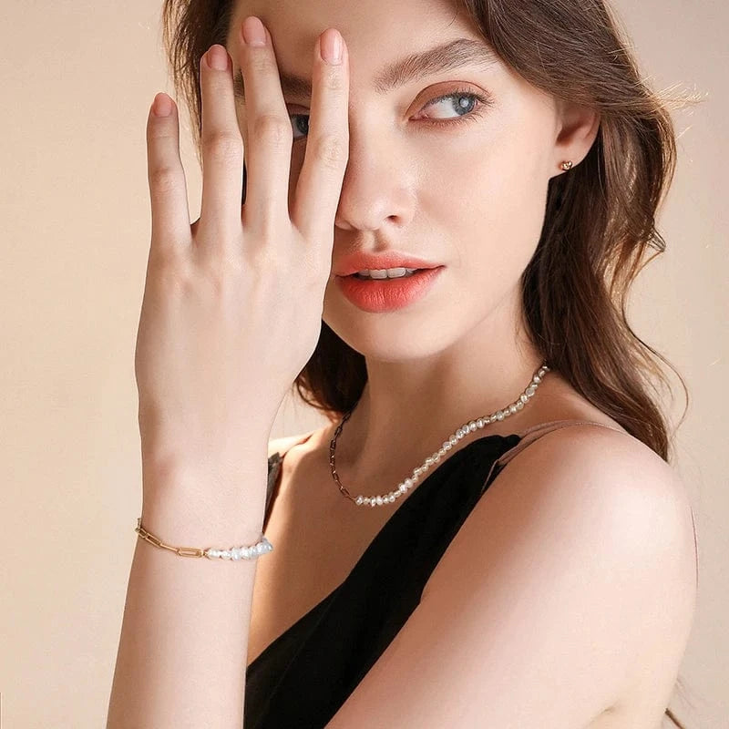 RINNTIN GPN13 Pearl Necklace Jewelry Half Silver Chain Half Baroque Freshwater Pearls Choker 14K Gold Plated Necklace for women