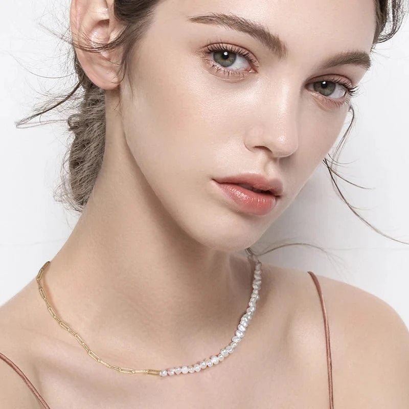 RINNTIN GPN13 Pearl Necklace Jewelry Half Silver Chain Half Baroque Freshwater Pearls Choker 14K Gold Plated Necklace for women