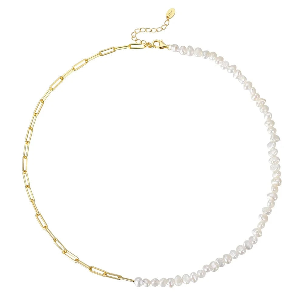 RINNTIN GPN13 Pearl Necklace Jewelry Half Silver Chain Half Baroque Freshwater Pearls Choker 14K Gold Plated Necklace for women