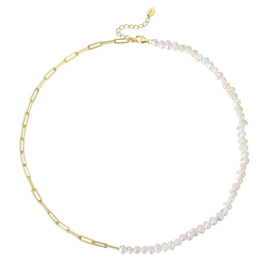 RINNTIN GPN13 Pearl Necklace Jewelry Half Silver Chain Half Baroque Freshwater Pearls Choker 14K Gold Plated Necklace for women