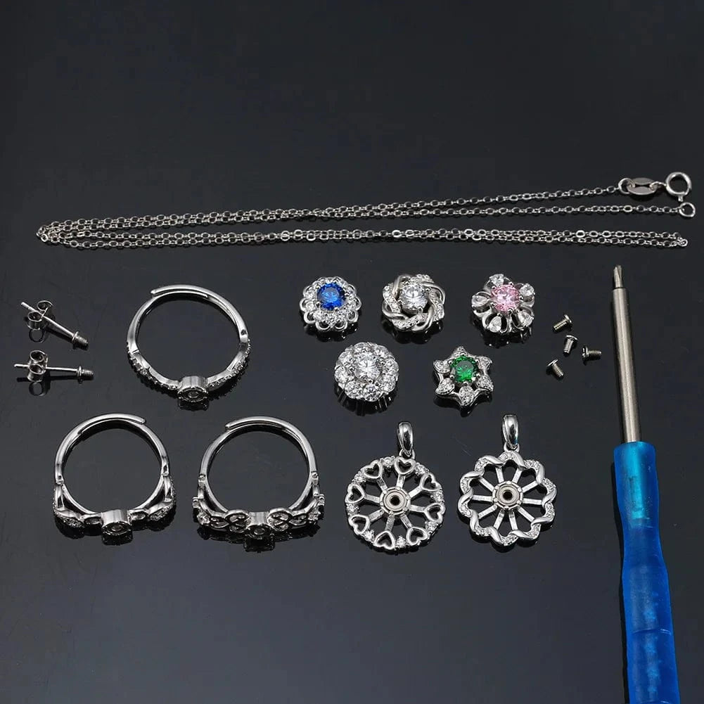 RINNTIN LMC01 Luxury Round Cut 8A Premium Cubic Zirconia Detachable Rotatable Charms 925 Sterling Silver Jewelry Set For Women