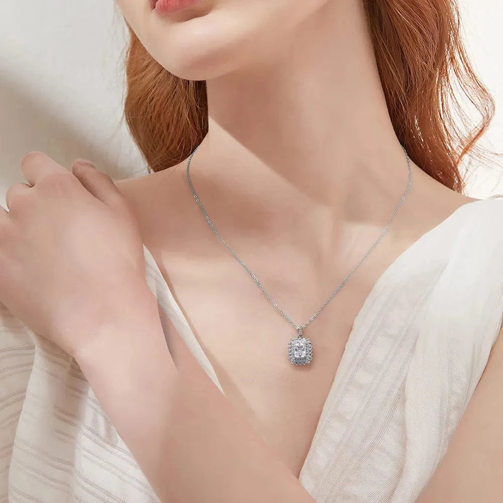 RINNTIN LZN11 8A Premium Cubic Zirconia Princess Cut Square Pendant Necklace And Stud Earrings Jewelry Set 925 Silver Women Gift