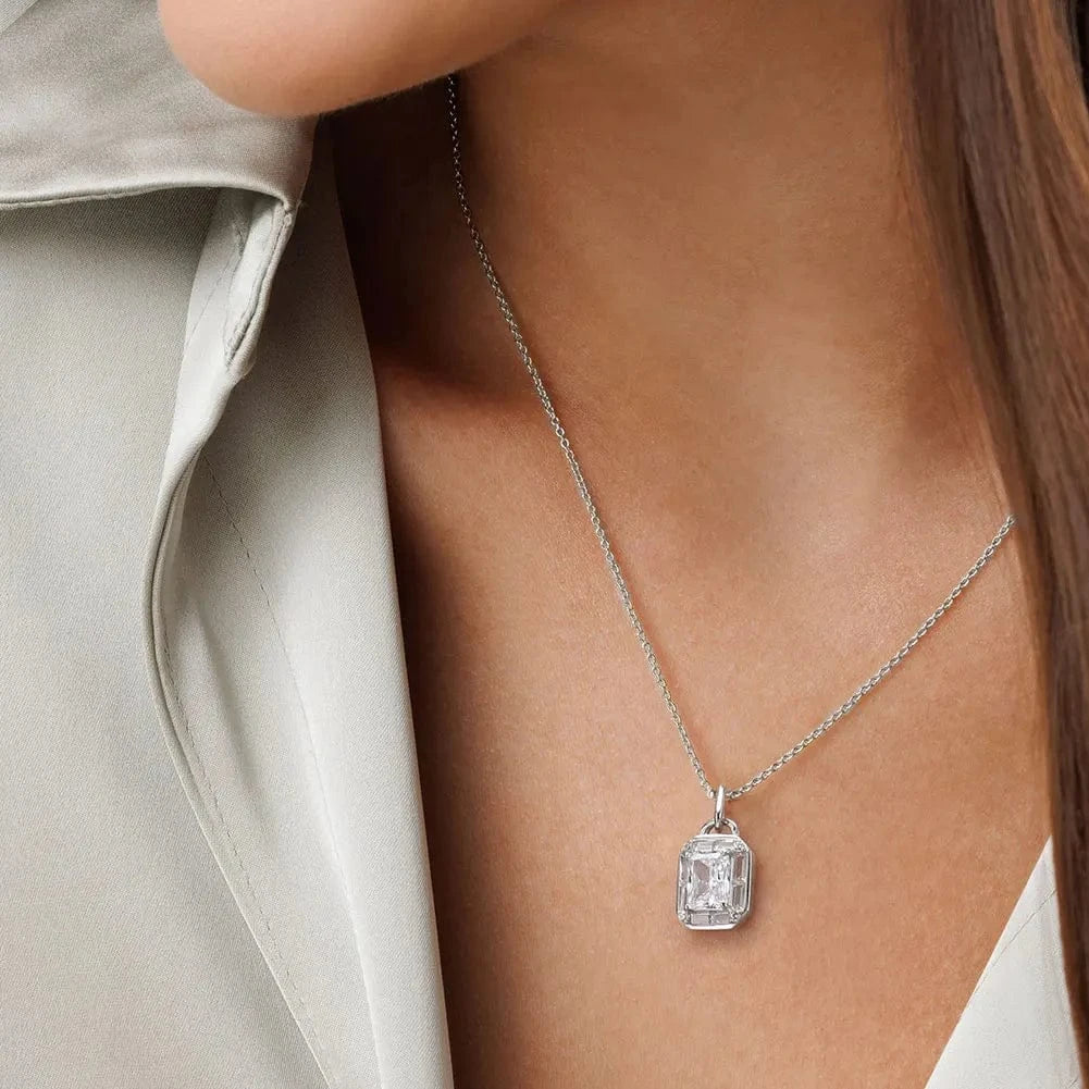 RINNTIN LZN11 8A Premium Cubic Zirconia Princess Cut Square Pendant Necklace And Stud Earrings Jewelry Set 925 Silver Women Gift