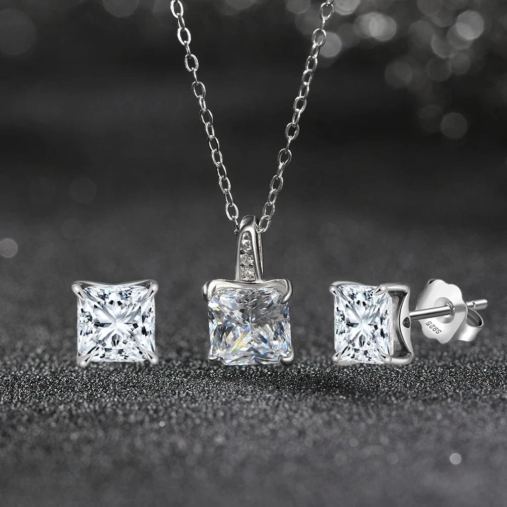 RINNTIN LZN11 8A Premium Cubic Zirconia Princess Cut Square Pendant Necklace And Stud Earrings Jewelry Set 925 Silver Women Gift