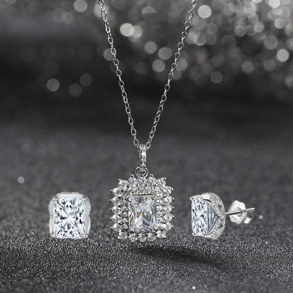 RINNTIN LZN11 8A Premium Cubic Zirconia Princess Cut Square Pendant Necklace And Stud Earrings Jewelry Set 925 Silver Women Gift