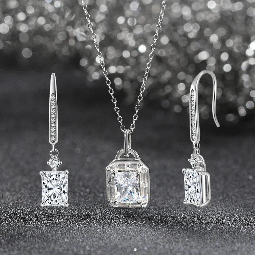 RINNTIN LZN11 8A Premium Cubic Zirconia Princess Cut Square Pendant Necklace And Stud Earrings Jewelry Set 925 Silver Women Gift