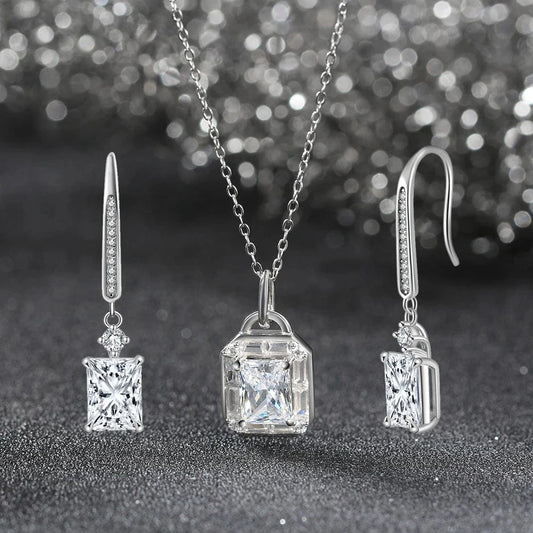 RINNTIN LZN11 8A Premium Cubic Zirconia Princess Cut Square Pendant Necklace And Stud Earrings Jewelry Set 925 Silver Women Gift