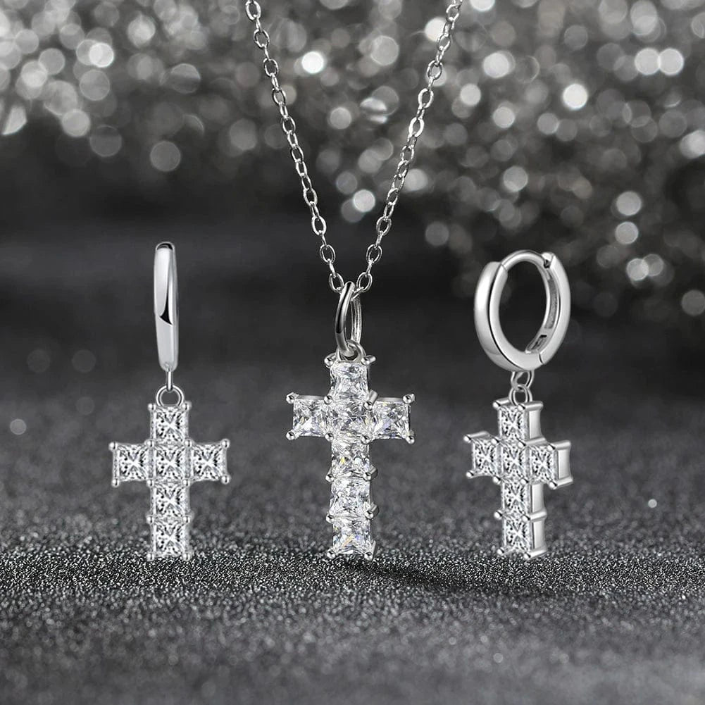 RINNTIN LZN12 Classic High Quality 8A Zirconia Religious Jewelry Charm Christian Cross Chain Necklace Drop Earring For Men Women