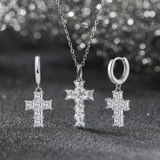 RINNTIN LZN12 Classic High Quality 8A Zirconia Religious Jewelry Charm Christian Cross Chain Necklace Drop Earring For Men Women