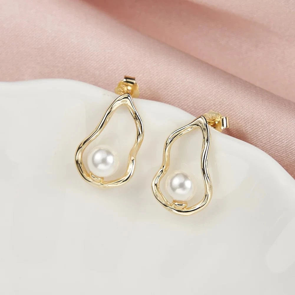 RINNTIN PSE02 Teardrop shaped elegant S925 sterling silver Geometric hollow Round white pearl earrings