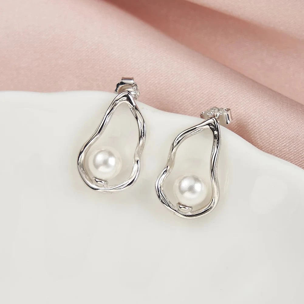 RINNTIN PSE02 Teardrop shaped elegant S925 sterling silver Geometric hollow Round white pearl earrings