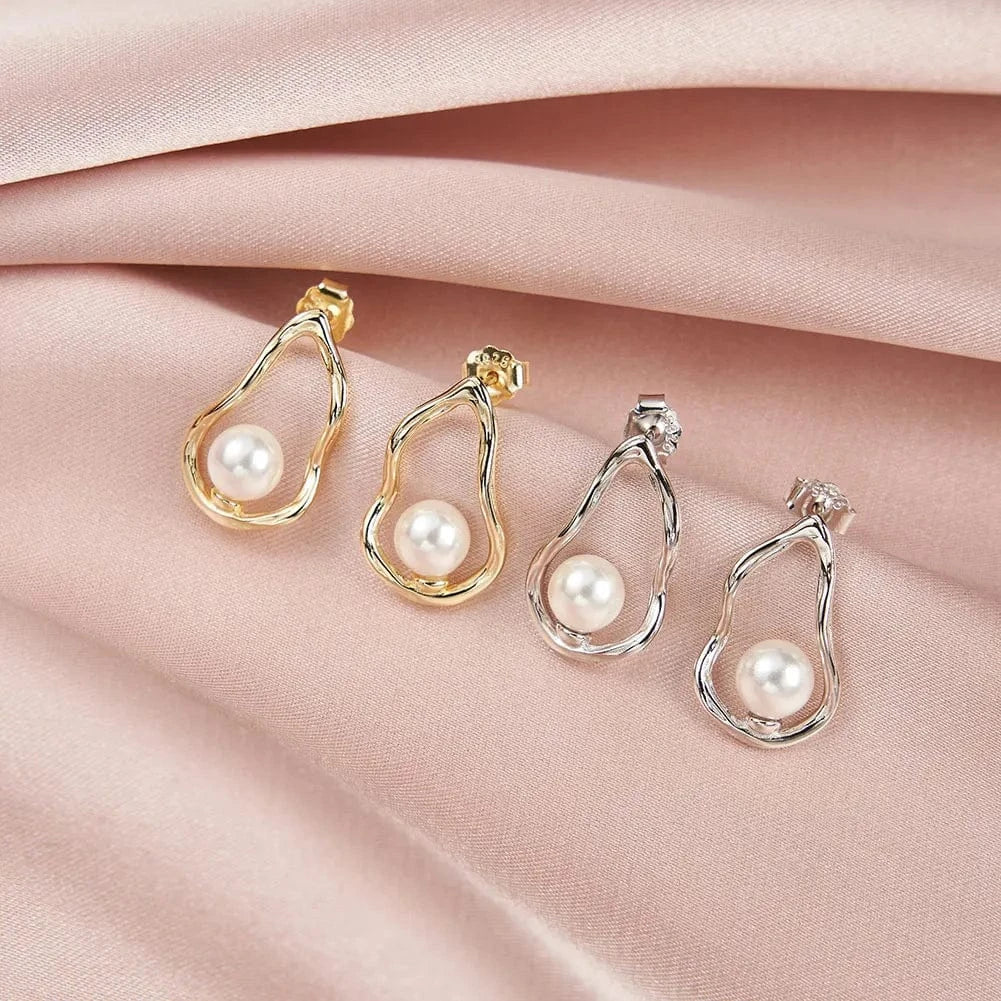 RINNTIN PSE02 Teardrop shaped elegant S925 sterling silver Geometric hollow Round white pearl earrings
