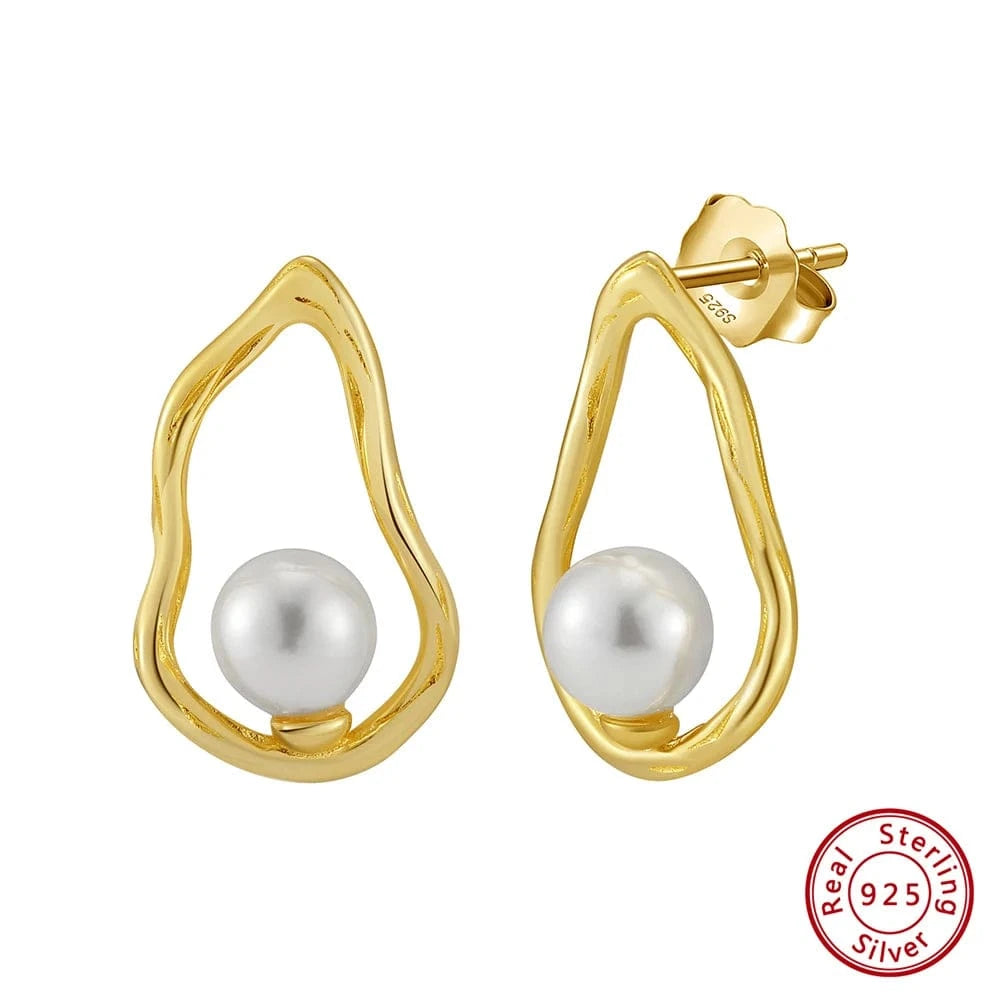 RINNTIN PSE02 Teardrop shaped elegant S925 sterling silver Geometric hollow Round white pearl earrings