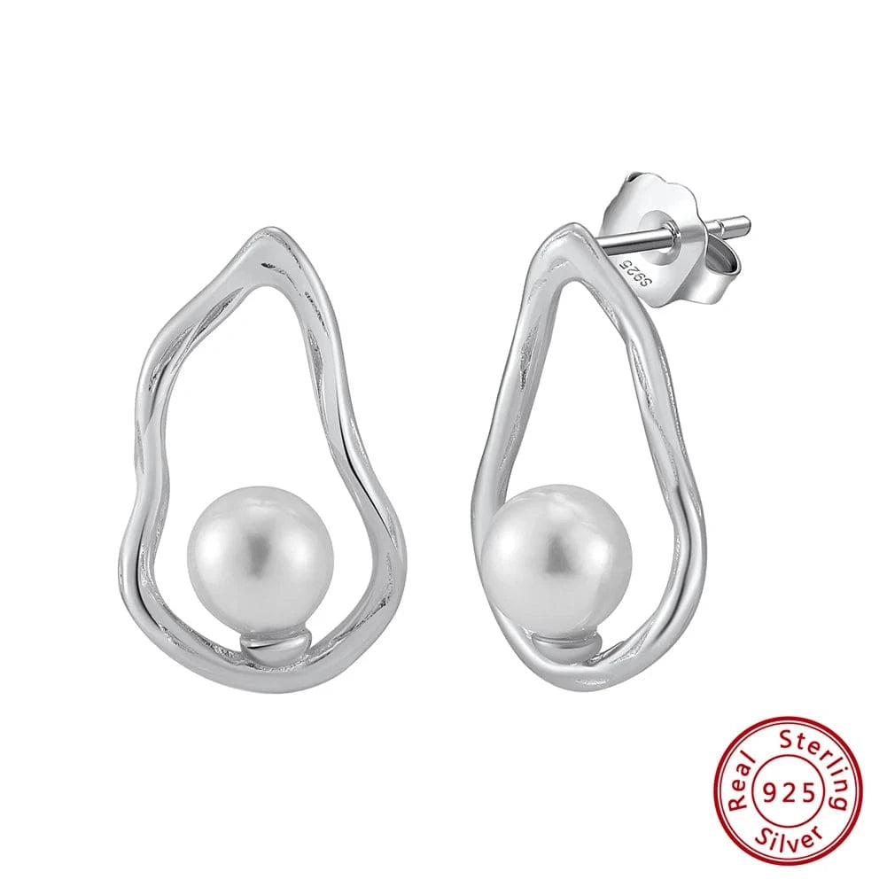 RINNTIN PSE02 Teardrop shaped elegant S925 sterling silver Geometric hollow Round white pearl earrings