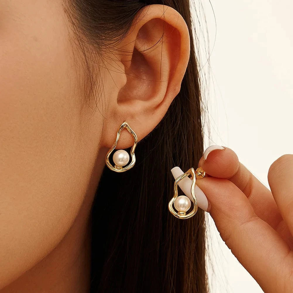 RINNTIN PSE02 Teardrop shaped elegant S925 sterling silver Geometric hollow Round white pearl earrings