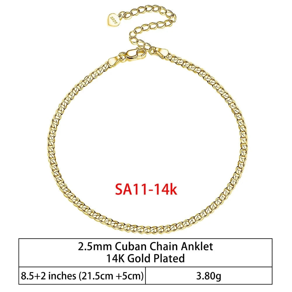 RINNTIN SA-1 Summer Jewelry Silver Anklets 925 Sterling Silver Ankle Bracelet For Women Ancle Cuban Link Gold Fashion Anklets