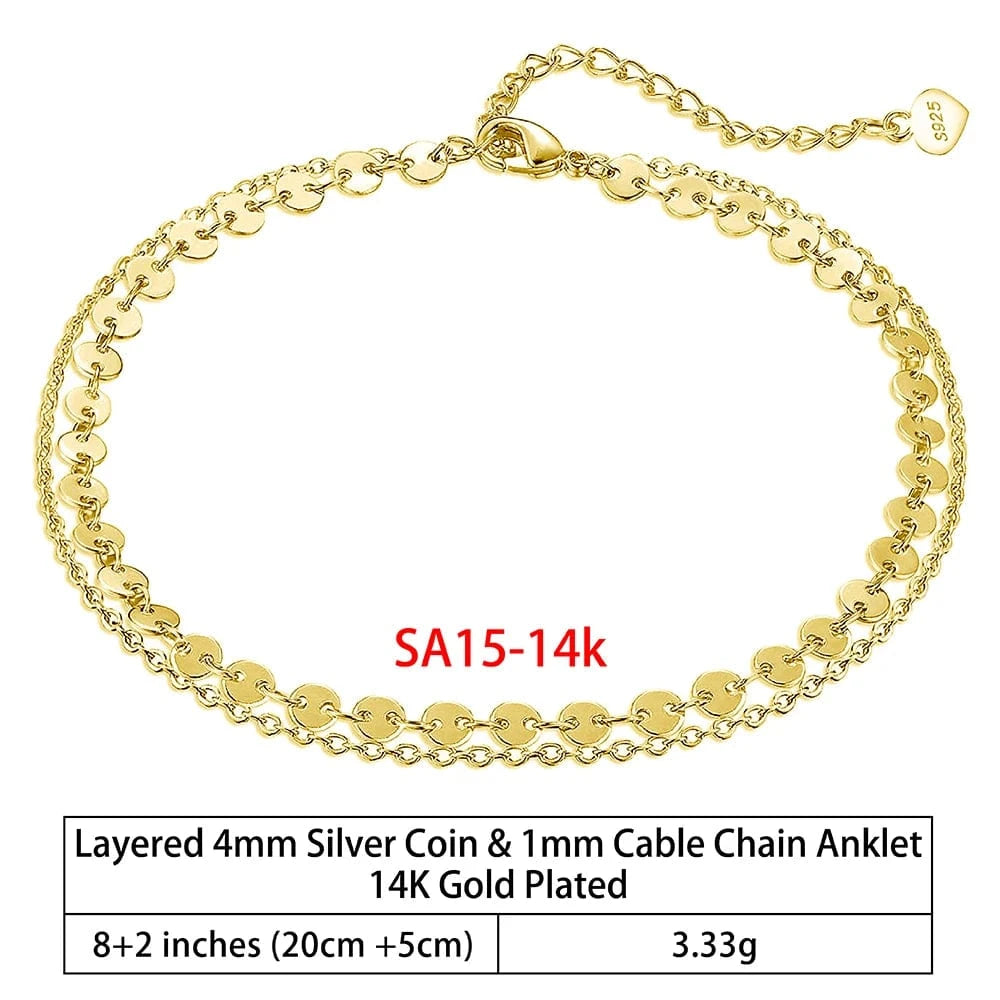 RINNTIN SA-1 Summer Jewelry Silver Anklets 925 Sterling Silver Ankle Bracelet For Women Ancle Cuban Link Gold Fashion Anklets