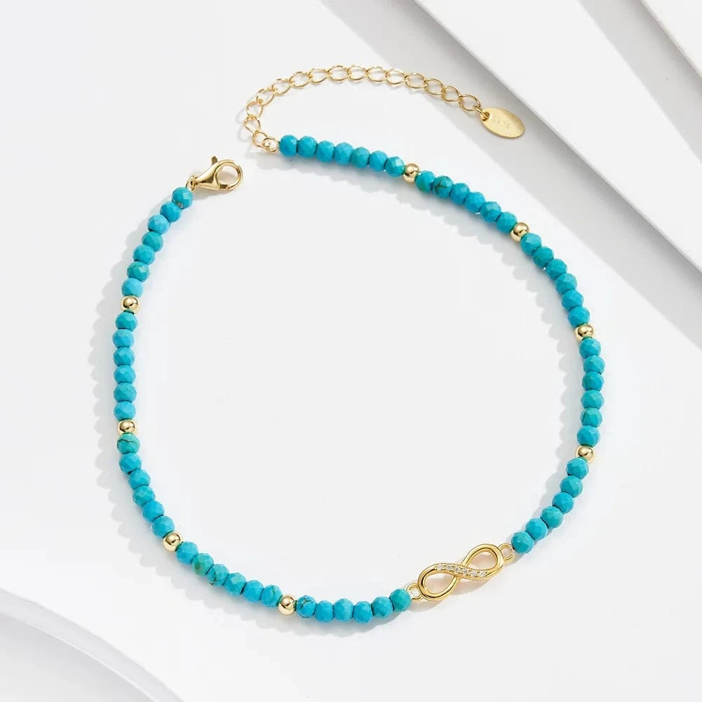 RINNTIN SA87 Summer Foot Jewelry Gemstone Bead Turquoise Sterling Silver Ankle Bracelet Eight Charms Ankle Bracelet Infinity