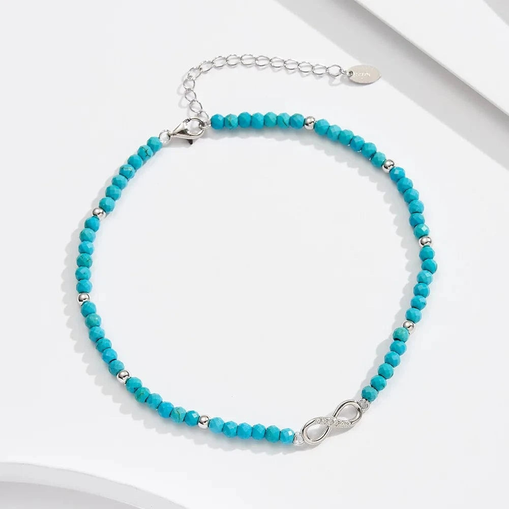 RINNTIN SA87 Summer Foot Jewelry Gemstone Bead Turquoise Sterling Silver Ankle Bracelet Eight Charms Ankle Bracelet Infinity