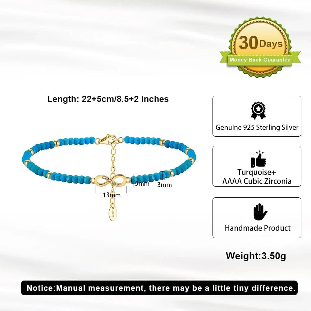 RINNTIN SA87 Summer Foot Jewelry Gemstone Bead Turquoise Sterling Silver Ankle Bracelet Eight Charms Ankle Bracelet Infinity