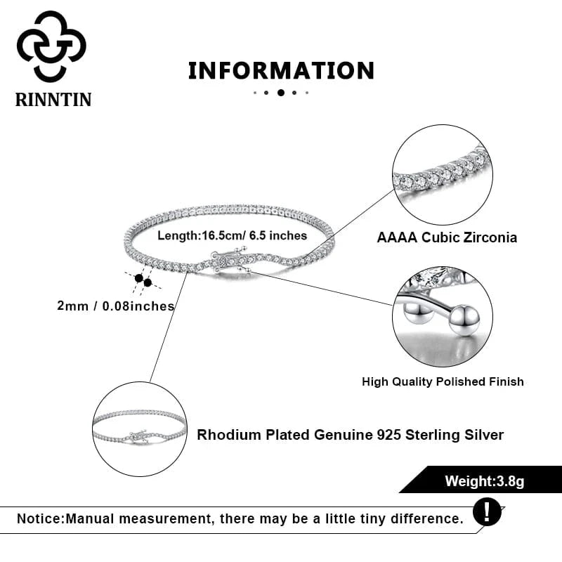 RINNTIN SB61 Fine Jewelry Manufacturer Tennis Bracelet 925 Sterling Silver 2 MM Cubic Zirconia Bracelet Jewelry