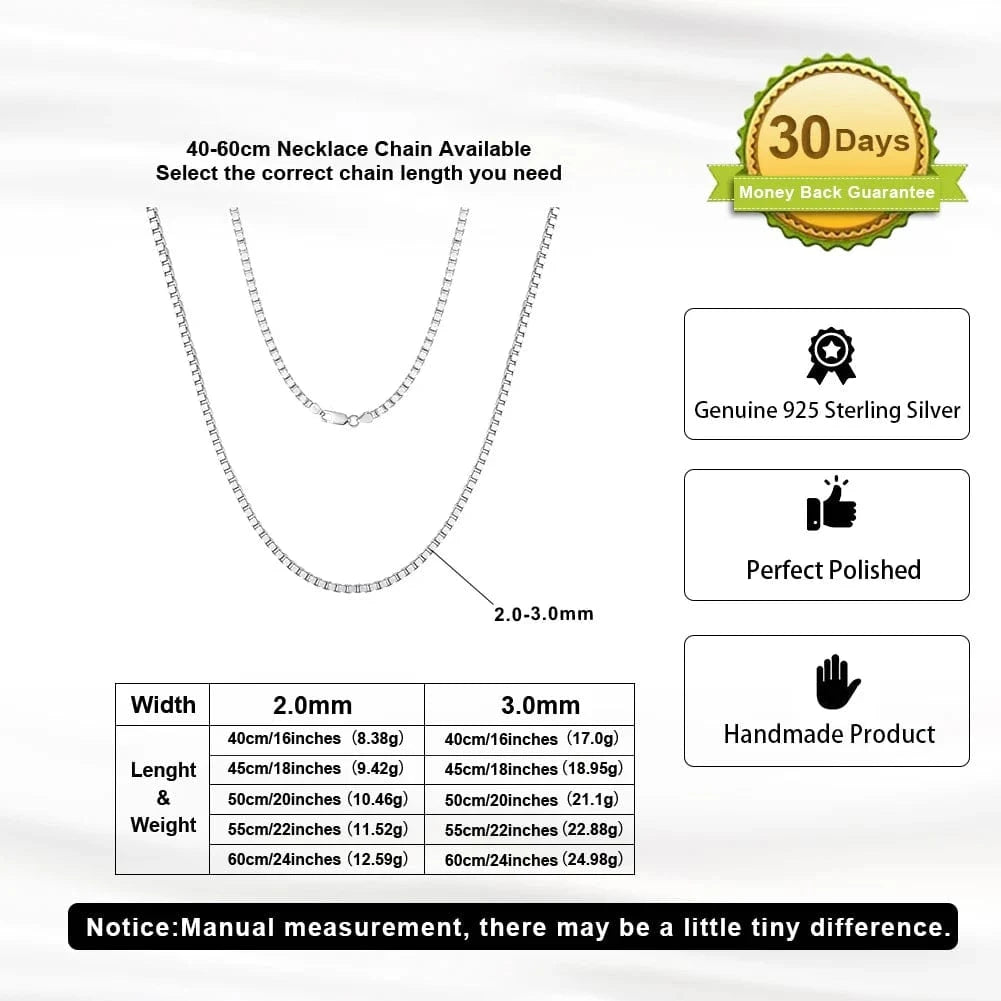 RINNTIN SC32 Fine Jewelry Rhodium Plated Hip Hop Man Chains 925 Sterling Silver 1.0/2.0/3.0mm Width Box Chain Necklace For Women