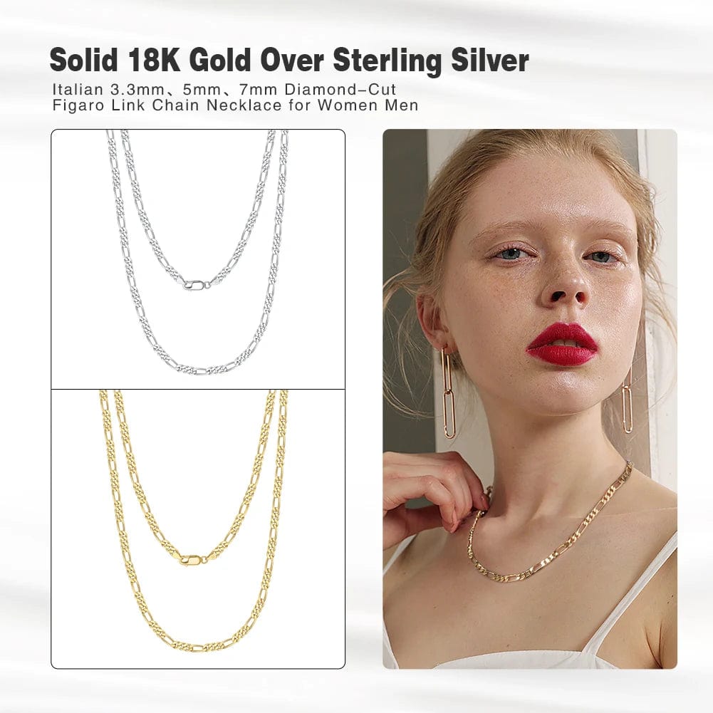 RINNTIN SC34 Fine Jewelry 925 Sterling Silver Diamond-Cut Figaro Chain Necklace For Men Women