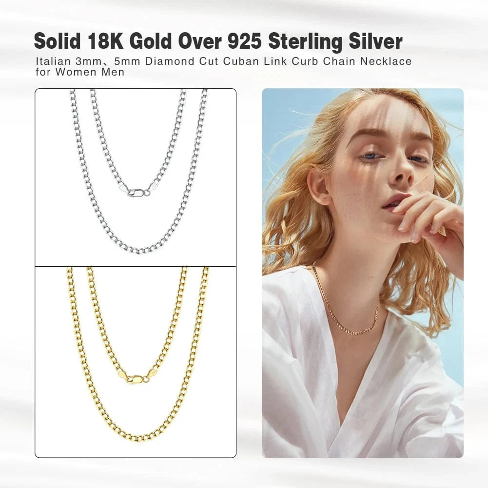 RINNTIN SC60 925 Sterling Silver Italian Diamond Cut Cuban Link Curb Chain Necklace For Women Men Fine Jewelry