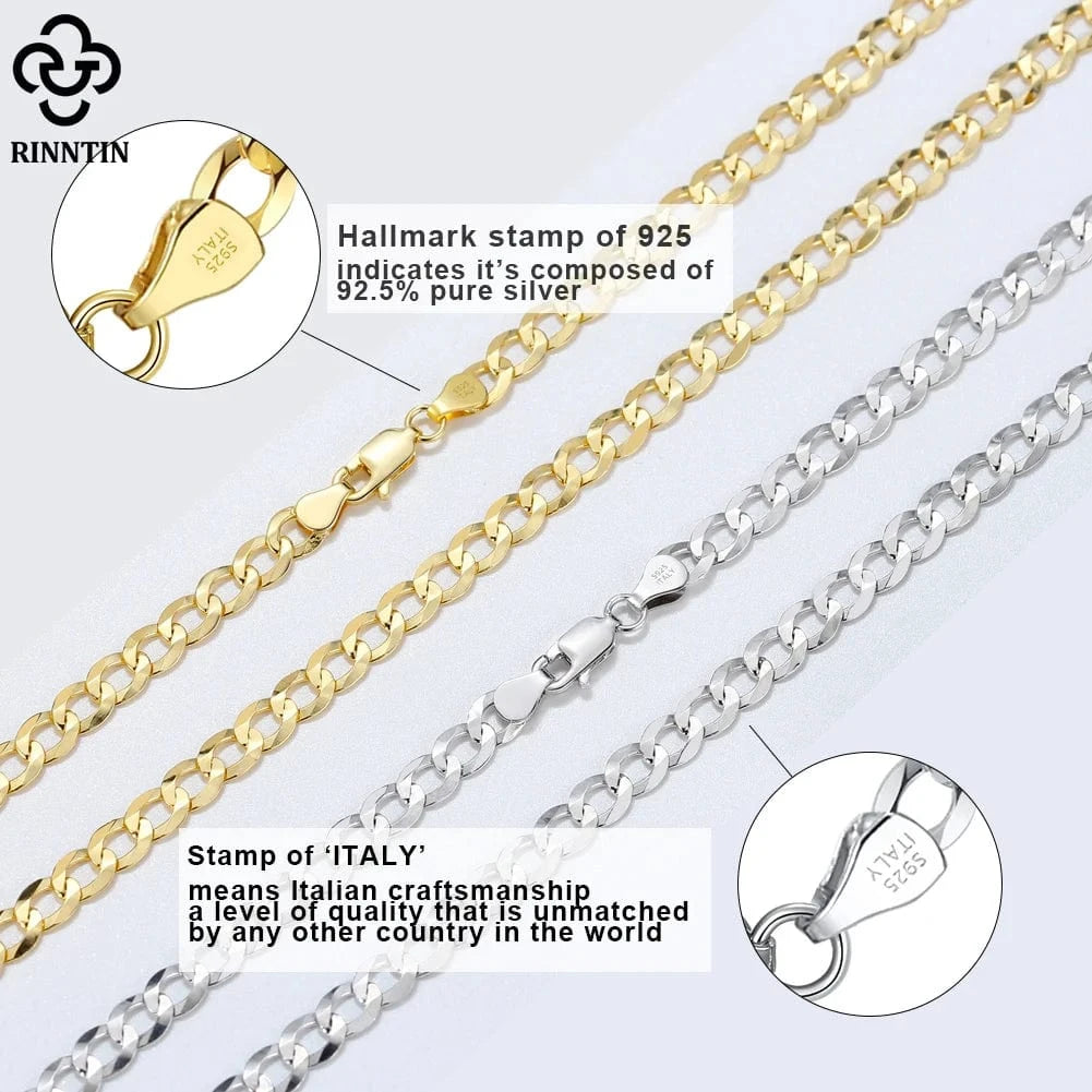 RINNTIN SC60 925 Sterling Silver Italian Diamond Cut Cuban Link Curb Chain Necklace For Women Men Fine Jewelry