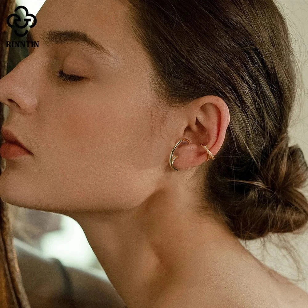 RINNTIN SE388 Fine Jewelry 925 Sterling Silver C-Shaped Simple Earrings 14K Gold Plated Jewelry Earrings For Women