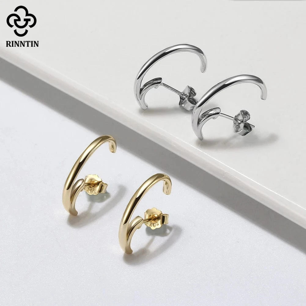 RINNTIN SE388 Fine Jewelry 925 Sterling Silver C-Shaped Simple Earrings 14K Gold Plated Jewelry Earrings For Women