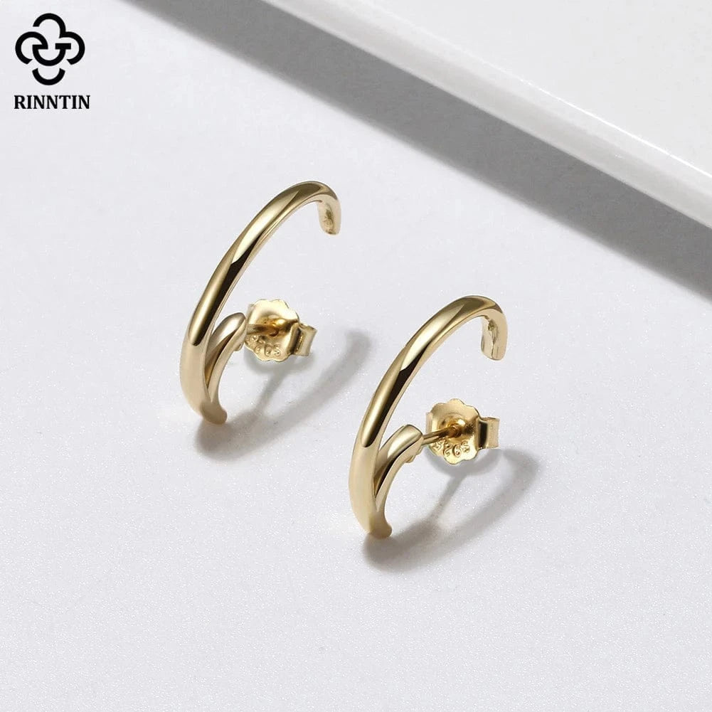 RINNTIN SE388 Fine Jewelry 925 Sterling Silver C-Shaped Simple Earrings 14K Gold Plated Jewelry Earrings For Women