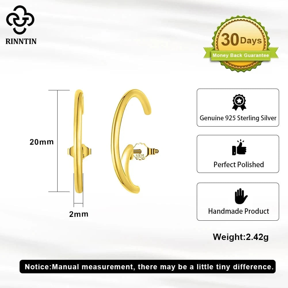 RINNTIN SE388 Fine Jewelry 925 Sterling Silver C-Shaped Simple Earrings 14K Gold Plated Jewelry Earrings For Women