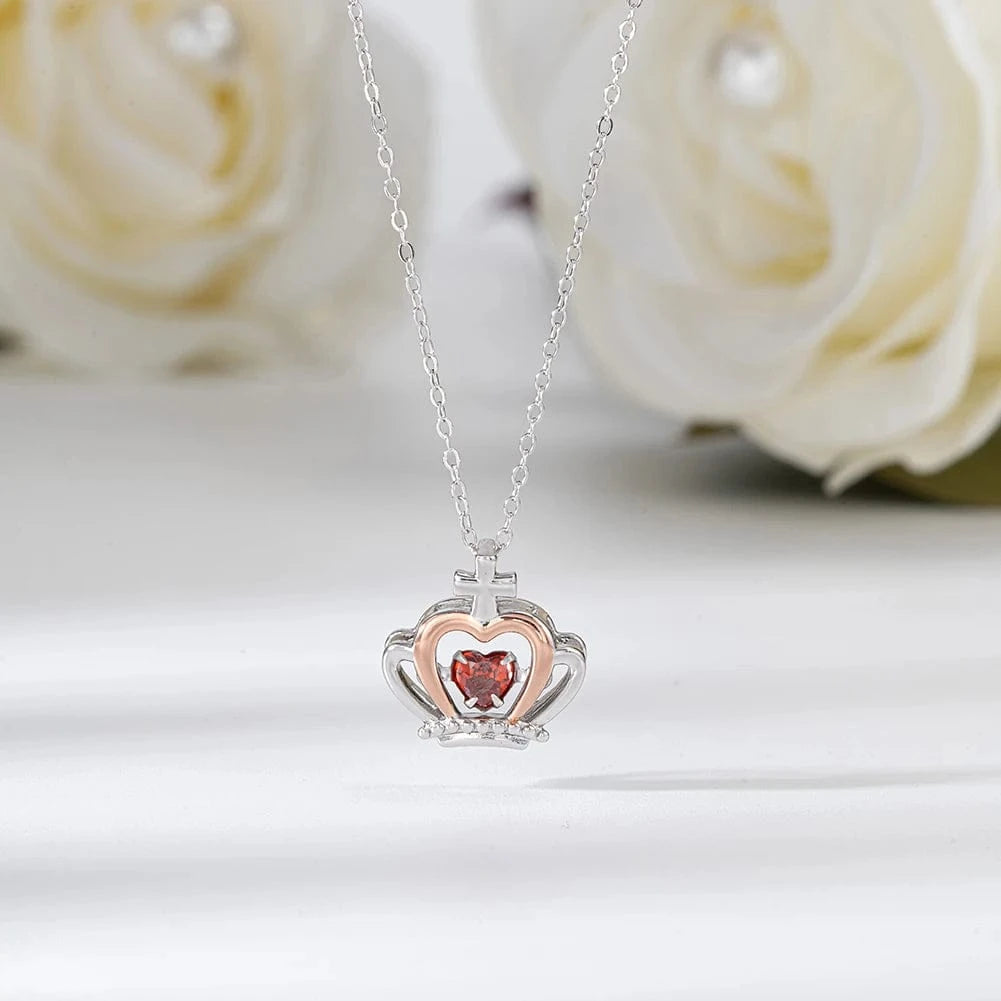 RINNTIN SSN334 Garnet Stone Necklace Jewelry Set for Woman Crown Love Heart Gold Plated 925 Sterling Silver Birthstone Necklace